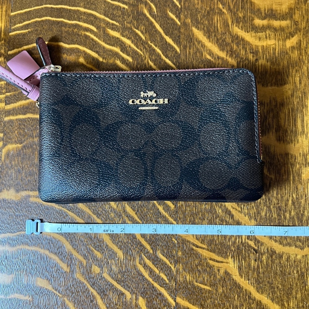 Coach Dark Brown Signature C Coated Canvas Double Zip Pink Leather Wristlet - Picture 7 of 8